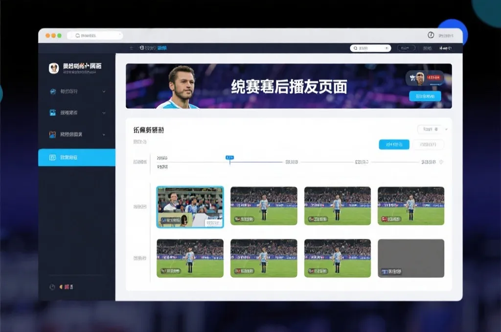 比赛结束后，电视屏幕展示集锦回放页面，旁边有时间轴和多角度切换提示
